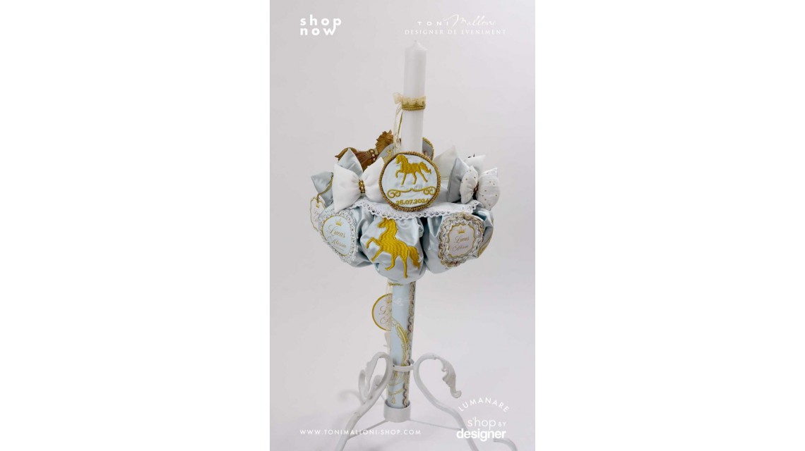 Lumanare botez regala cu broderie personalizata Royal Horse Gold 5